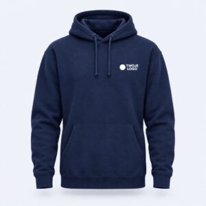 Granatowa bluza z kapturem z logo firmy na piersi
